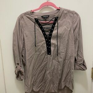 Express Women's Taupe Lace-Up Blouse